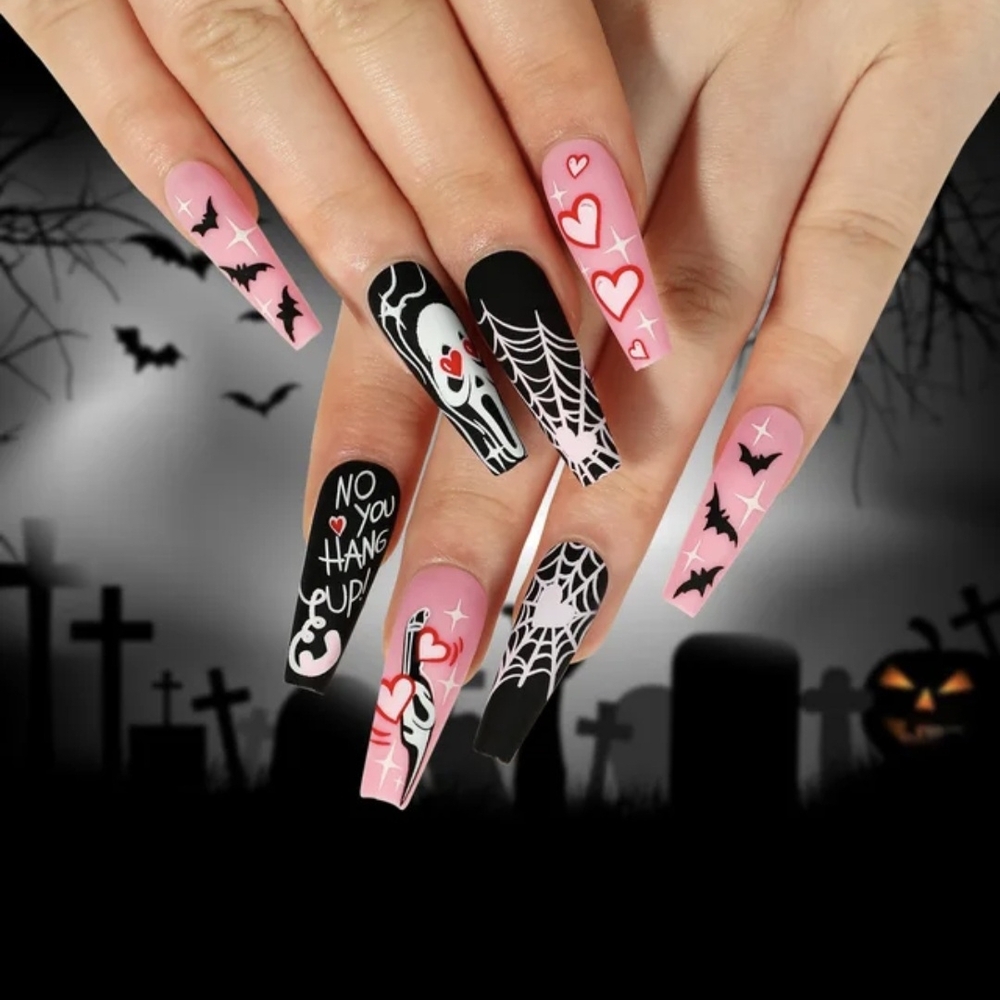Halloween Themed Pink and Black Nail Art
